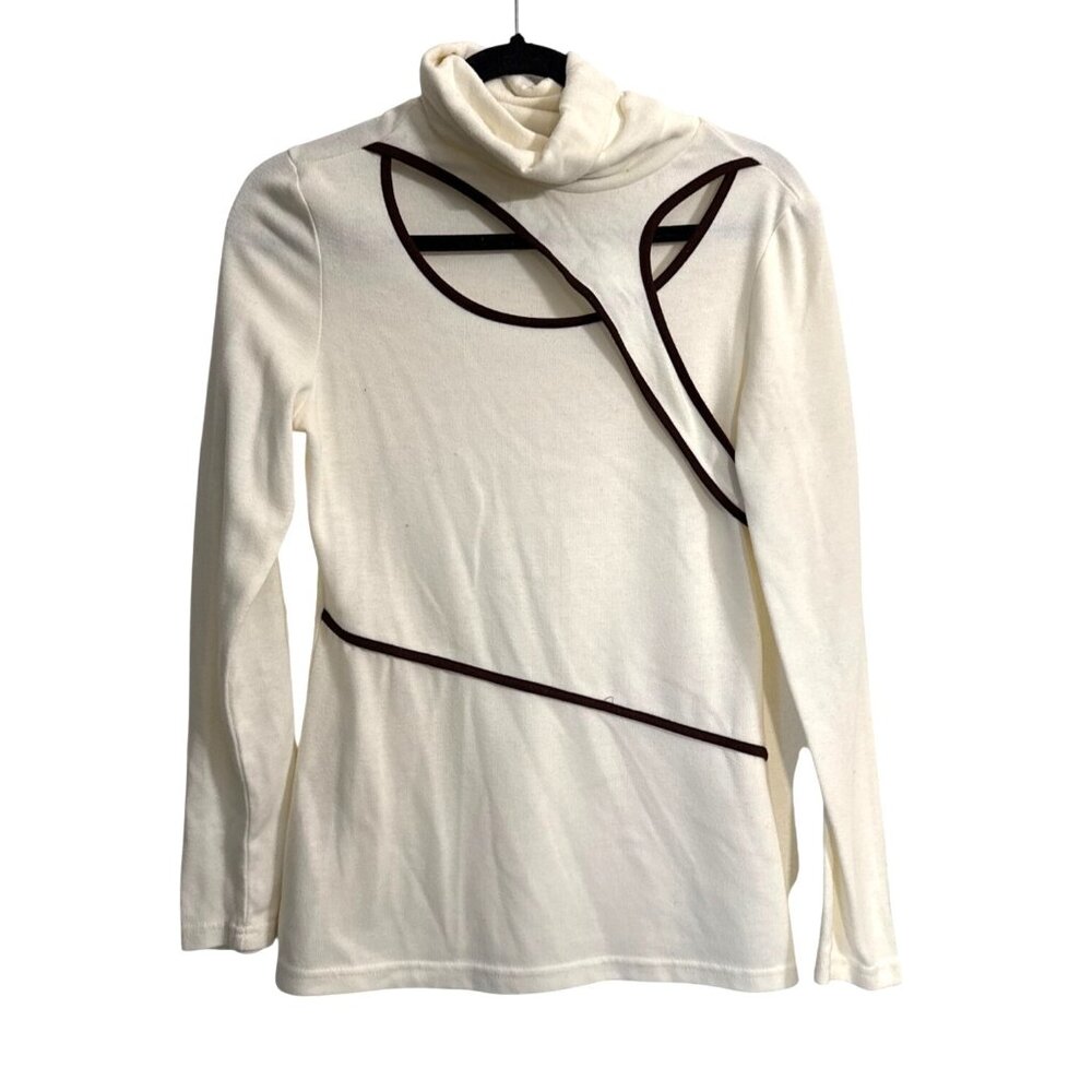 Venus Womens White Long Sleeve Top With Brown Trim & Turtleneck Style
